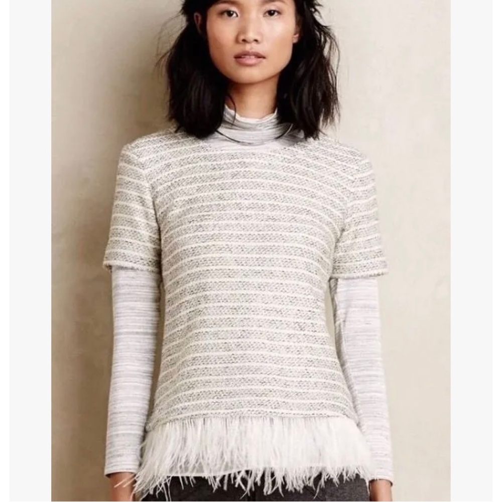 Deletta Boucle Feather Trim Sweater XS Short Sleeve Shimmering Anthropologie